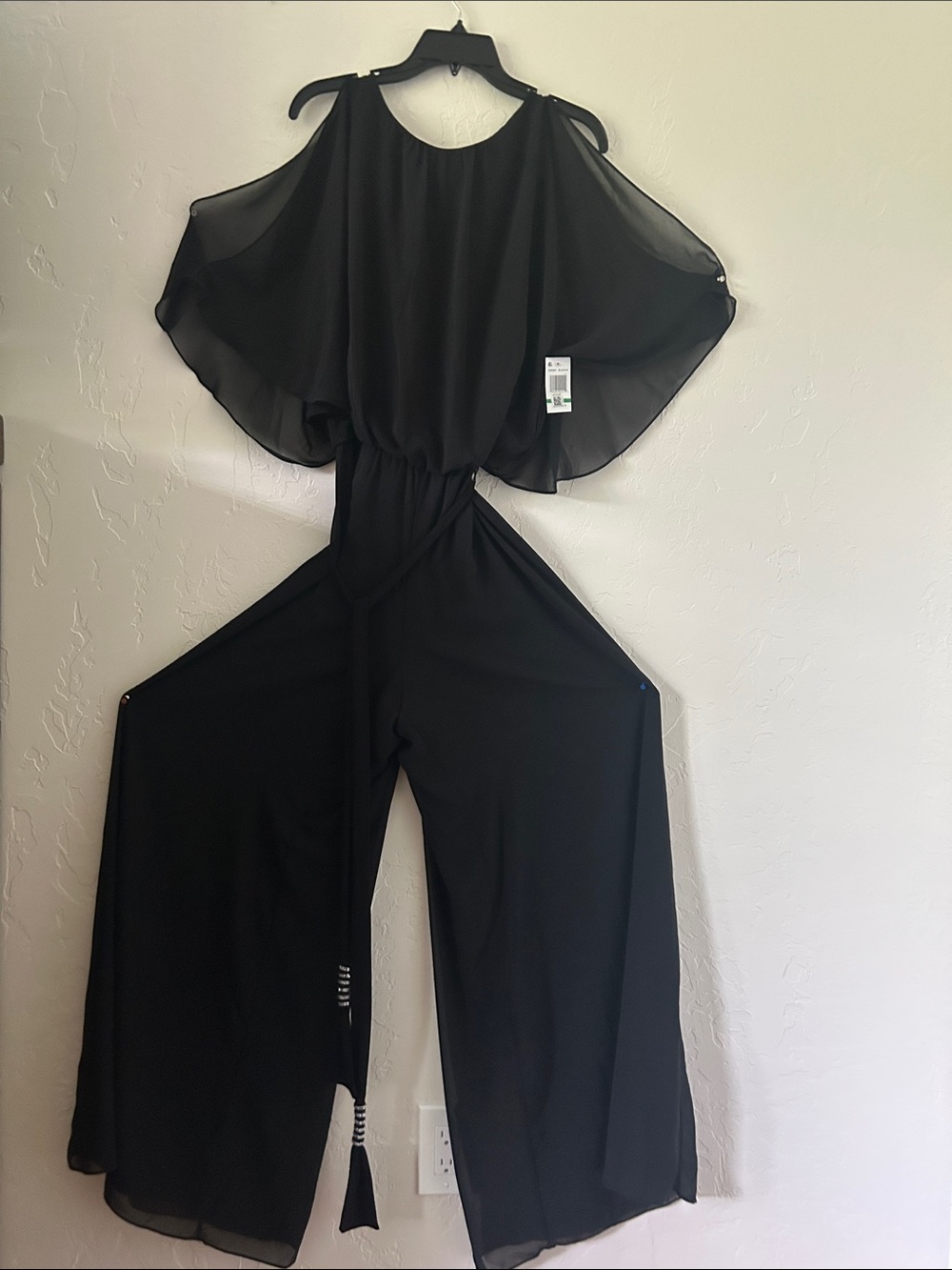 MSK Black Cold-Shoulder Wide-Leg Jumpsuit with Chiffon Overlay. NWT